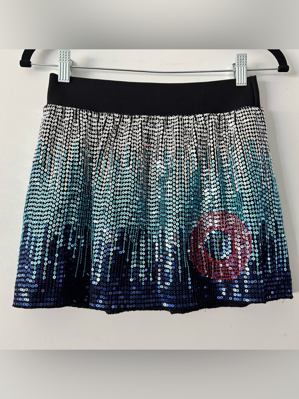 Free People| Sequin Ombre Mini Skirt in Aqua, Navy & Black with Red Accent sz S